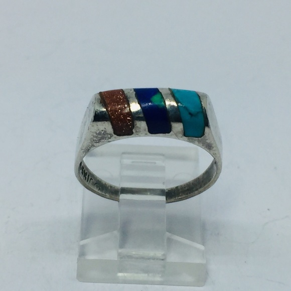 SOLD Sterling TAXCO Ring Pyrite, Lapis & Turquoise - Picture 2 of 8